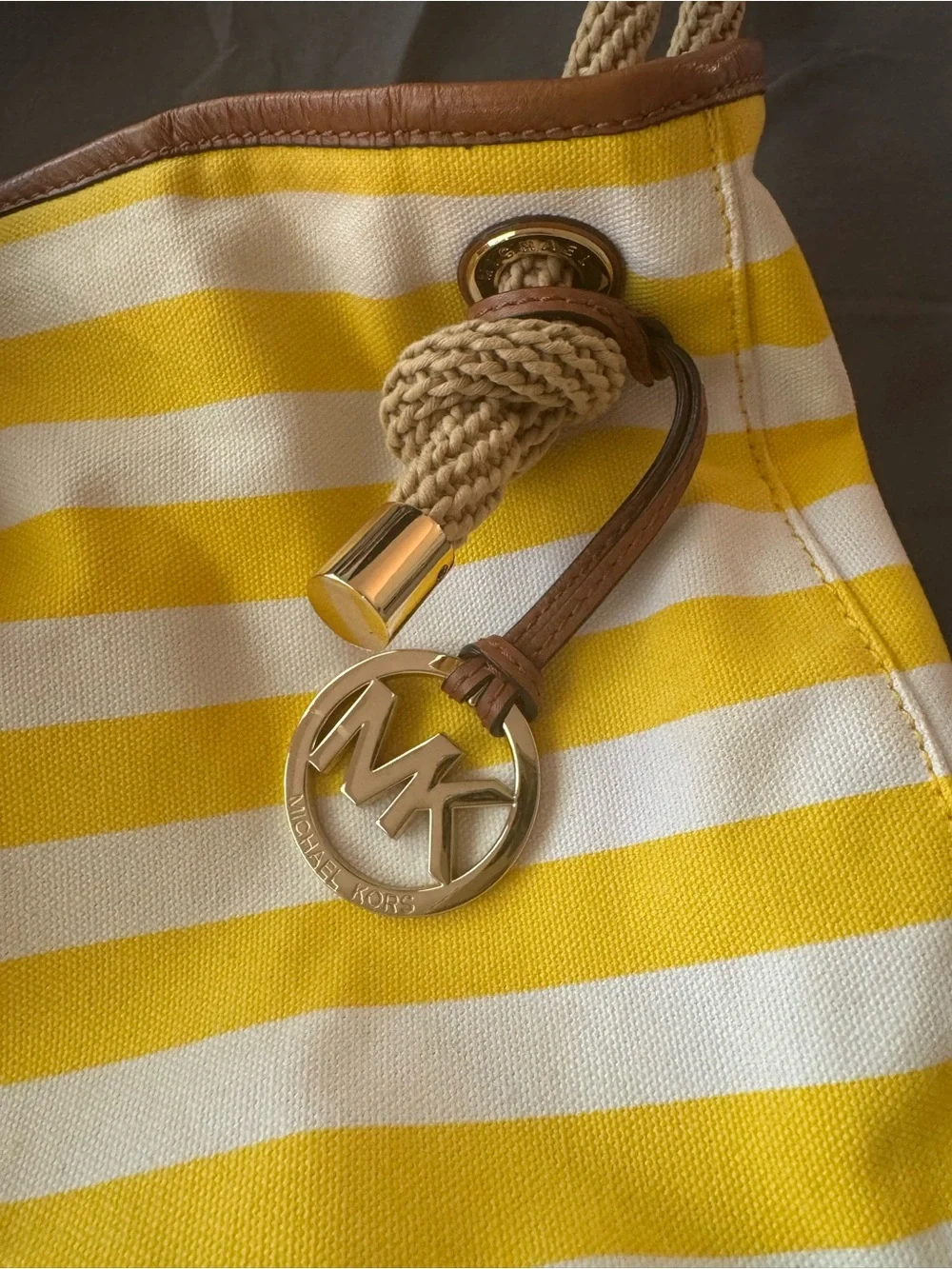 Michael Kors Yellow and White Striped Canvas Tote with Rope Handles